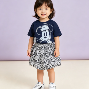 Conjunto Fakini Minnie, Menina, Tamanho 04, Saia com Short, 100% Algodão, Preto e Branco