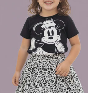 Conjunto Fakini Minnie, Menina, Tamanho 04, Saia com Short, 100% Algodão, Preto e Branco