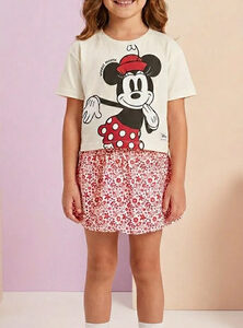 Conjunto Fakini Minnie, Tamanho 08, Saia Com Short, 100% Algodão, Vermelho e of white