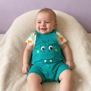 Conjunto macacão com body FAKINI, Menino, Tamanho P, veste de 3 a 6 meses, 100% algodão, Verde