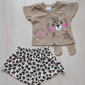 Conjunto FAKINI, Menina, Tamanho P (3 a 6 meses), camiseta interativa, 100% algodão, com short 93%, Estampa Onça