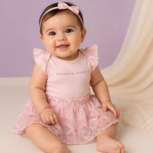 Conjunto FAKINI com saia e body, Menina, Tamanho G, veste 9 a 12 meses, Rosa