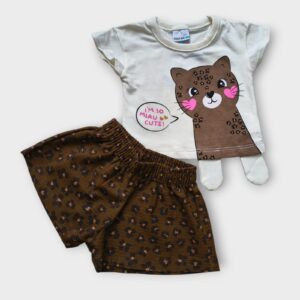 Conjunto FAKINI, Menina, Tamanho M (6 a 9 meses), camiseta interativa, 100% algodão, com short 93%, Estampa Onça