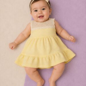 Vestido FAKINI, Menina, Tamanho M, veste de 6 a 9 meses, Com detalhes em linha, Amarelo