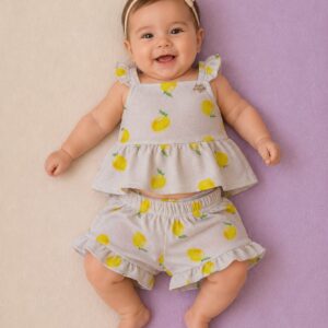 Conjunto FAKINI, Menina, Tamanho M, veste de 6 a 9 meses, Estampa Limões