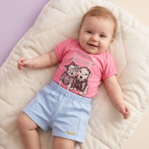 Conjunto ABRANGE, Menina, Tamanho M, 6 a 9 meses, Rosa e Azul claro