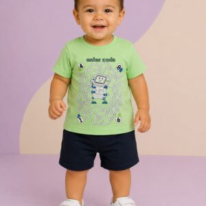 Conjunto FAKINI, Menino, Camiseta e Bermuda, Tamanho 01, Verde claro