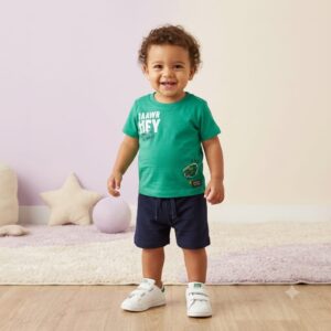 Conjunto FAKINI, Menino, Camiseta e Bermuda, Tamanho 01, 100% algodão, Verde