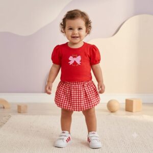 Conjunto FAKINI, Menina, Tamanho 01, Saia com short, Vermelho
