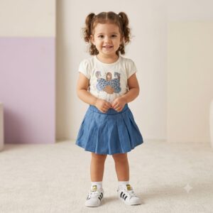 Conjunto TRICK NICK, Menina, Camiseta e Saia, Tamanho 02, Bege e Azul