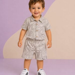 Conjunto FAKINI, Menino, Camisa e Bermuda, Tamanho 02, 100% algodão, Cinza