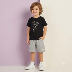 Conjunto FAKINI, Menino, Camiseta e Bermuda, Tamanho 04, Preto e Cinza