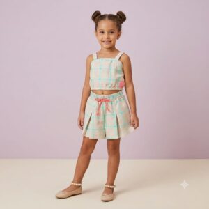 Conjunto FAKINI, Menina, Saia e Top, Tamanho 06, 100% algodão, Verde e Bege
