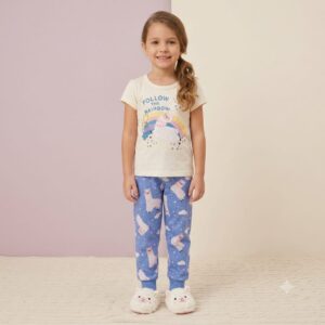 Pijama FAKINI, Menina, Calça e Camiseta, Tamanho 06, 100% algodão, Azul e Bege