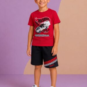 Conjunto FAKINI, Menino, Camiseta e Bermuda, Tamanho 08, 100% algodão, Estampa Hot Wheels, Vermelho