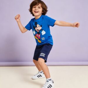 Conjunto FAKINI, Menino, Camiseta e Bermuda, Tamanho 08, 100% algodão, Estampa Mickey Mouse, Azul