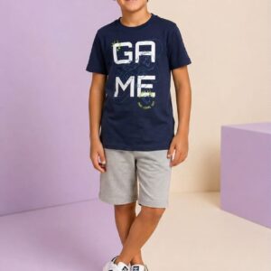 Conjunto FAKINI, Menino, Camiseta e Bermuda, Tamanho 08, Estampa Game, Azul Marinho