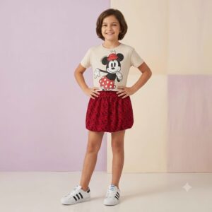 Conjunto FAKINI, Menina, Camiseta e Saia, Tamanho 10, Estampa Minnie Mouse, 100% algodão, Vermelho