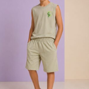 Conjunto FAKINI, Menino, Regata e Bermuda, Tamanho 10, 100% algodão, Bege