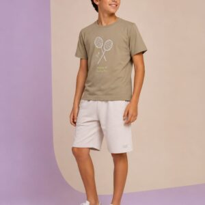 Conjunto Fakini, Menino, Camiseta e Bermuda, 100% algodão, Tamanho 16, Bege