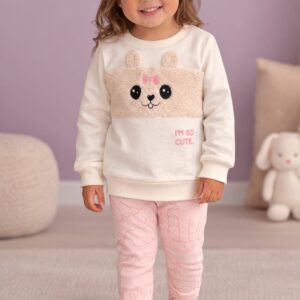 Conjunto FAKINI, Menina, Legging e Blusa, Tamanho 02, Com detalhes em Teddy Com orelhinhas interativas, Branco e Rosa